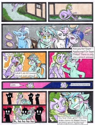 Size: 1950x2550 | Tagged: safe, artist:tillie-tmb, derpibooru import, lyra heartstrings, sea swirl, seafoam, spike, trixie, twinkleshine, dragon, pony, comic:the amulet of shades, food, magic, older, older spike, pie, this will end in pain, traditional art