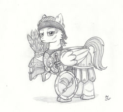 Size: 937x853 | Tagged: safe, artist:sensko, pegasus, pony, armor, grayscale, helmet, monochrome, pencil drawing, scar, shield, simple background, sketch, solo, sword, traditional art, white background