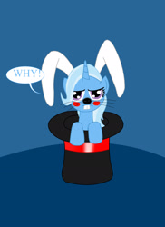 Size: 1700x2338 | Tagged: safe, artist:night-shadow7, derpibooru import, trixie, pony, rabbit, unicorn, bunny ears, bunny out of the hat, clothes, costume, female, hat, mare, solo, top hat, why