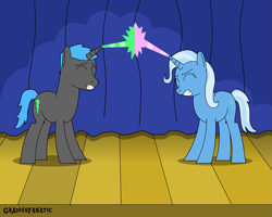 Size: 1945x1554 | Tagged: safe, artist:gradiusfanatic, derpibooru import, trixie, oc, pony, unicorn, magic duel, female, magic, male, mare, stage, stallion