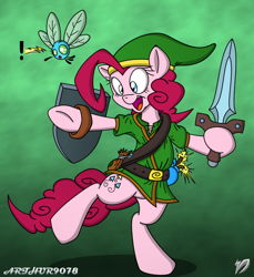 Size: 732x800 | Tagged: safe, artist:arthur9078, artist:dfectivedvice, derpibooru import, pinkie pie, parasprite, pony, bipedal, colored, crossover, dexterous hooves, duo, female, green background, hat, hoof hold, human pose, link, mare, navi, paraspritized, shield, simple background, solo, species swap, sword, the legend of zelda, triforce