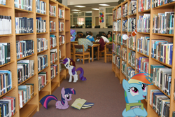 Size: 1600x1067 | Tagged: safe, artist:bryal, derpibooru import, rainbow dash, rarity, trixie, twilight sparkle, pony, unicorn, book, female, irl, library, mare, photo, ponies in real life