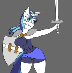 Size: 1012x1024 | Tagged: safe, artist:mrironmustang, gleaming shield, shining armor, anthro, armpits, breasts, gleaming breastplate, rule 63, shield, simple background, solo, sword