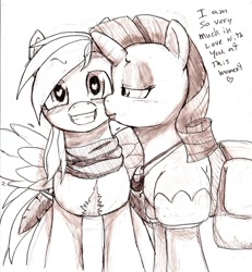 Size: 1292x1400 | Tagged: safe, artist:pockystix, rainbow dash, rarity, pegasus, pony, unicorn, arisen, clothes, crossover, dragon's dogma, female, flirting, kissing, lesbian, madeleine, raridash, scar, scarf, shipping, sketch, traditional art