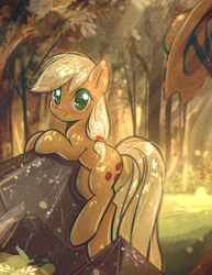 Size: 2237x2900 | Tagged: safe, artist:mirroredsea, applejack, earth pony, pony, colored pupils, cowboy hat, cute, dappled sunlight, eye clipping through hair, female, forest, hat, hatless, jackabetes, leaning, looking at you, mare, missing accessory, scenery, smiling, solo