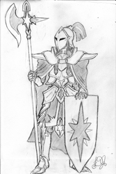 Size: 999x1500 | Tagged: safe, artist:dj-black-n-white, human, armor, cape, clothes, fantasy class, halberd, helmet, knight, monochrome, plate armor, polearm, shield, solo, traditional art, twilight's royal guard, warrior