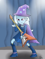 Size: 1944x2592 | Tagged: safe, artist:sketchzi, derpibooru import, trixie, equestria girls, rainbow rocks, cape, clothes, flying v, guitar, guitar pick, hat, musical instrument, paint tool sai, playing, signature, solo, spotlight, stage, wizard, wizard hat