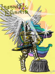 Size: 888x1200 | Tagged: safe, artist:fellroar86, princess celestia, anthro, armor, badass, legends of equestria, rock, shield, simple background, solo, sword, warrior celestia