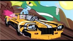 Size: 701x398 | Tagged: safe, artist:tiarawhy, fluttershy, pinkie pie, rainbow dash, reginald, dragon, earth pony, pegasus, pony, car, green dragon, racing, redline, transam