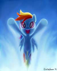 Size: 2400x3000 | Tagged: safe, artist:porkchopsammie, rainbow dash, pegasus, pony, coming at you, flying, high res, solo