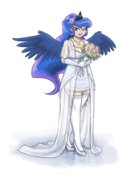 Size: 1000x1392 | Tagged: safe, artist:king-kakapo, princess luna, human, blushing, bouquet, clothes, dress, evening gloves, flower, gloves, high heels, humanized, light skin, necklace, socks, solo, stockings, thigh highs, wedding dress, winged humanization, zettai ryouiki