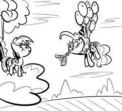 Size: 880x800 | Tagged: dead source, safe, artist:tess, pinkie pie, rainbow dash, earth pony, pegasus, pony, balloon, cloud, flying, monochrome, party horn, then watch her balloons lift her up to the sky