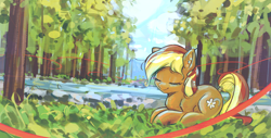 Size: 4450x2253 | Tagged: safe, artist:mirroredsea, oc, oc only, oc:creekseed, earth pony, pony, cute, eyes closed, female, forest, mare, ocbetes, outdoors, prone, river, scenery, smiling, solo, tree