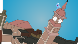 Size: 1920x1080 | Tagged: safe, artist:watching lizard, derpibooru import, trixie, pony, unicorn, clock, clock tower, scenery, solo