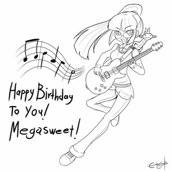 Size: 2000x2000 | Tagged: safe, artist:ereb-tauramandil, derpibooru import, spike, twilight sparkle, birthday, canter girls, glasses, guitar, high res, humanized, megasweet