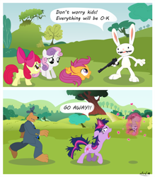 Size: 4205x4793 | Tagged: safe, artist:alcrd119, derpibooru import, apple bloom, scootaloo, smarty pants, sweetie belle, twilight sparkle, absurd resolution, crossover, cutie mark crusaders, gun, max, sam, sam and max, sanity slippage, twilight snapple, vector, want it need it, weapon