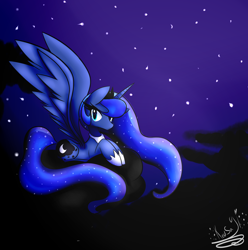 Size: 2664x2682 | Tagged: safe, artist:kousagi-hime, princess luna, alicorn, pony, cloud, night, prone, solo, spread wings