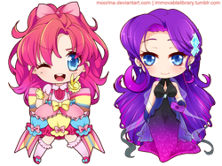 Size: 600x450 | Tagged: safe, artist:moorina, pinkie pie, rarity, chibi, clothes, dress, gloves, halterneck, humanized, stars