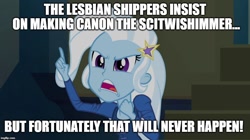 Size: 896x500 | Tagged: safe, derpibooru import, edit, edited screencap, screencap, trixie, equestria girls, rainbow rocks, image macro, implied lesbian, implied scitwishimmer, implied shipping, meme, text, trixie yells at everything