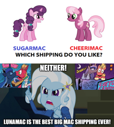 Size: 1280x1424 | Tagged: safe, derpibooru import, edit, edited screencap, idw, screencap, big macintosh, cheerilee, princess luna, sugar belle, trixie, equestria girls, rainbow rocks, spoiler:comic, cheerimac, female, image macro, kiss on the cheek, kiss on the lips, kissing, lunamac, male, meme, mouthpiece, shipping, straight, sugarmac, take a third option, text, trixie yells at everything