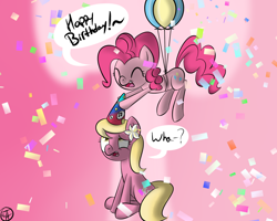 Size: 1250x1000 | Tagged: safe, artist:terra-aquis, lily, lily valley, pinkie pie, earth pony, pony, balloon, birthday, hat, party hat, then watch her balloons lift her up to the sky