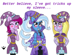 Size: 1024x768 | Tagged: safe, artist:serennarae, derpibooru import, fuchsia blush, lavender lace, trixie, equestria girls, rainbow rocks, background human, female, trixie and the illusions