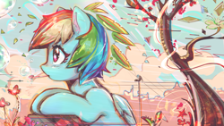 Size: 3057x1720 | Tagged: safe, artist:mirroredsea, rainbow dash, pegasus, pony, alternate hairstyle, beautiful, blowing bubbles, blushing, bubble, bust, cloud, cute, dashabetes, female, flower, folded wings, mare, multicolored hair, outdoors, profile, sky, solo, tree, wings