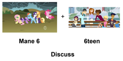 Size: 1296x648 | Tagged: safe, derpibooru import, applejack, fluttershy, pinkie pie, rainbow dash, rarity, twilight sparkle, earth pony, pegasus, pony, unicorn, 6teen, comparison, discuss, mane six, neighsayers everywhere