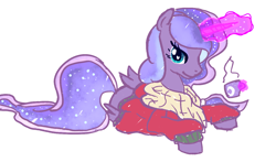 Size: 1228x723 | Tagged: safe, artist:tanmansmantan, princess luna, alicorn, pony, glowing horn, heart eyes, magic, mug, scarf, solo, steam, sweater, telekinesis, wingding eyes