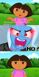 Size: 634x1257 | Tagged: safe, artist:mega-poneo, derpibooru import, edit, edited screencap, screencap, trixie, human, pony, unicorn, magic duel, alicorn amulet, angry, caption, dora the explorer, female, glowing eyes, glowing eyes meme, mare, meme, spoiler for another series, text