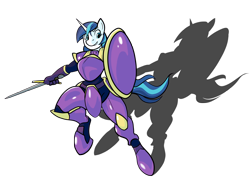 Size: 2000x1456 | Tagged: safe, artist:rubbermage, gleaming shield, shining armor, anthro, unguligrade anthro, armor, rule 63, shadow, shield, simple background, sword, transparent background, weapon