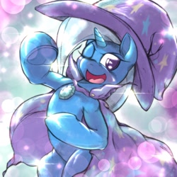 Size: 1536x1536 | Tagged: safe, artist:kurogewapony, derpibooru import, trixie, pony, unicorn, blushing, cape, clothes, cute, diatrixes, female, hat, one eye closed, open mouth, trixie's cape, trixie's hat