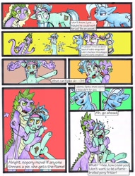 Size: 1950x2550 | Tagged: safe, artist:tillie-tmb, derpibooru import, amethyst star, lyra heartstrings, sparkler, spike, trixie, twinkleshine, dragon, comic:the amulet of shades, comic, food, magic, older, pie, traditional art