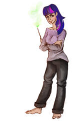 Size: 625x1000 | Tagged: safe, artist:maaronn, derpibooru import, twilight sparkle, barefoot, feet, humanized, magic, solo, wand