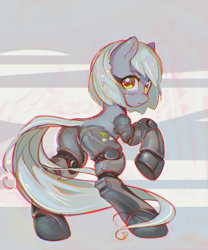 Size: 2479x2983 | Tagged: safe, artist:mirroredsea, limestone pie, cyborg, earth pony, pony, amputee, female, high res, looking at you, looking back, mare, prosthetic limb, prosthetics, quadruple amputee, science fiction, simple background, solo