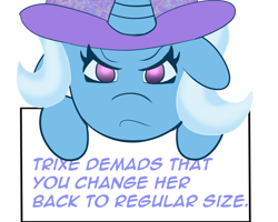 Size: 1280x1024 | Tagged: safe, artist:kaijeno, derpibooru import, trixie, pony, unicorn, angry, blue, can you say no to that face?, cute, female, hat, mare, pouting, sign, trixie's hat