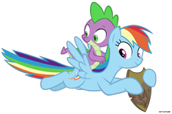 Size: 5748x3807 | Tagged: safe, artist:mandash1996, derpibooru import, rainbow dash, spike, dragon, pegasus, pony, shadow play, absurd resolution, dragons riding ponies, duo, female, flying, male, netitus, riding, shield, simple background, transparent background, vector