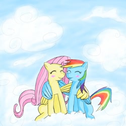 Size: 800x800 | Tagged: safe, fluttershy, rainbow dash, pegasus, pony, blushing, cloud, cloudy, female, flutterdash, hug, lesbian, shipping, winghug