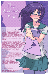 Size: 1240x1860 | Tagged: safe, artist:figgot, part of a set, twilight sparkle, human, art pack:my little sweetheart, art pack:my little sweetheart 5, blushing, broken glasses, bronybait, clothes, cute, female, glasses, humanized, letter, love letter, my little sweetheart, my little sweetheart 5, school uniform, skirt, socks, solo, sweat, thigh highs, twiabetes, zettai ryouiki