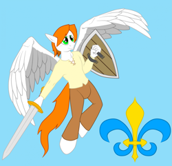 Size: 1247x1200 | Tagged: safe, artist:argustheseer, oc, oc only, oc:aecris, anthro, pegasus, unguligrade anthro, anthro oc, blue background, explicit source, fantasy class, knight, shield, simple background, solo, sword, warrior, weapon