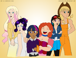 Size: 1000x759 | Tagged: safe, artist:ladyanidraws, derpibooru import, applejack, fluttershy, pinkie pie, rainbow dash, rarity, twilight sparkle, choker, humanized, natural hair color