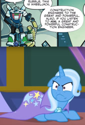 Size: 950x1398 | Tagged: safe, derpibooru import, edit, edited screencap, screencap, trixie, a matter of principals, season 8, spoiler:s08, bumblebee, crossover, great and powerful, idw transformers, rubble, spoilers for another series, there can be only one, transformers, trixie is not amused, unamused, wheeljack, wrong franchise