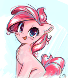 Size: 2447x2821 | Tagged: safe, artist:mirroredsea, pinkie pie, earth pony, pony, :p, alternate hairstyle, cute, diapinkes, female, looking at you, mare, sitting, solo, tongue out