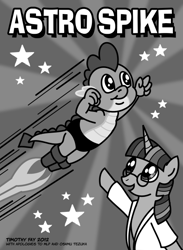 Size: 500x682 | Tagged: safe, artist:tim-kangaroo, derpibooru import, spike, twilight sparkle, dragon, astro boy, black and white, crossover, flying, glasses, grayscale, open mouth, pointing, smiling