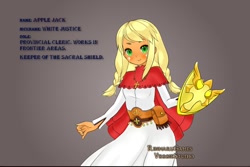 Size: 900x601 | Tagged: safe, artist:leek-cn, derpibooru import, applejack, human, cleric, clothes, cross, humanized, pouch, rinmarugames, robes, shield, simple background, solo