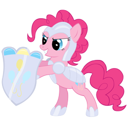 Size: 3000x3000 | Tagged: safe, artist:azure-vortex, derpibooru import, pinkie pie, earth pony, pony, armor, bipedal, dark ages, glare, grin, hoof hold, shield, simple background, smiling, smirk, solo, transparent background, vector