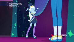 Size: 1920x1080 | Tagged: safe, derpibooru import, screencap, rainbow dash, trixie, better together, equestria girls, spring breakdown, curtains, discovery family logo, feet, hat, legs, sandals, stage, top hat