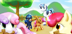 Size: 1024x493 | Tagged: safe, artist:asksqueek, apple bloom, scootaloo, shining armor, sweetie belle, oc, alicorn, pony, unicorn, alicorn oc, cutie mark crusaders, sword, training, wooden sword