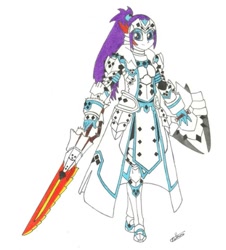 Size: 605x668 | Tagged: safe, artist:tvensnake, derpibooru import, rarity, human, armor, crossover, humanized, lance, monster hunter, shield, solo, traditional art, weapon