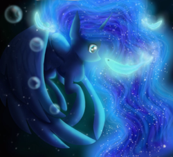 Size: 1100x1000 | Tagged: safe, artist:chanceyb, princess luna, alicorn, fish, pony, glow, solo, underwater